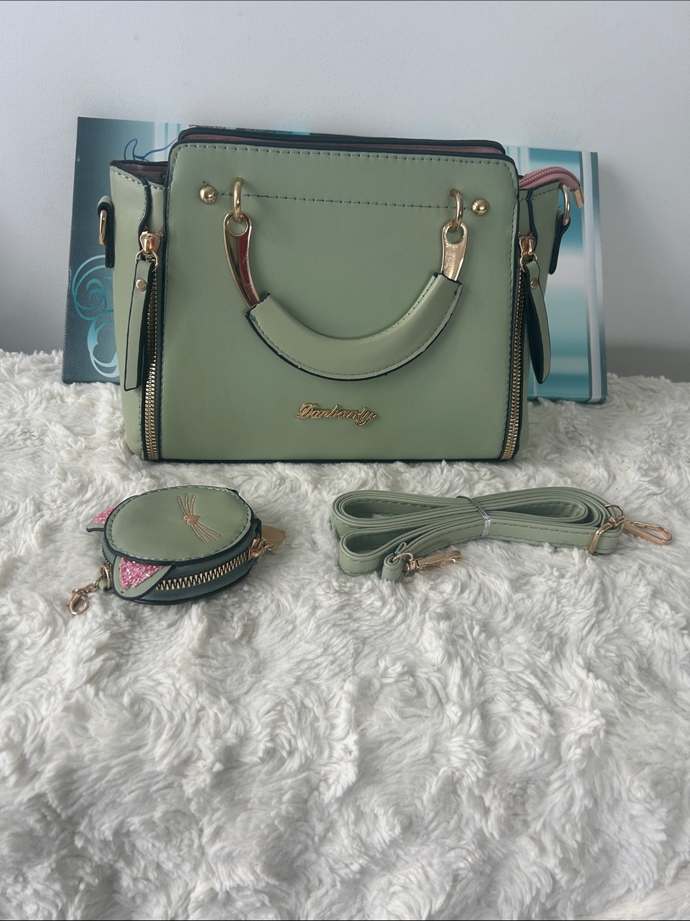 Mint Green Crossbody Satchel with Detachable Strap and Coin Pouch